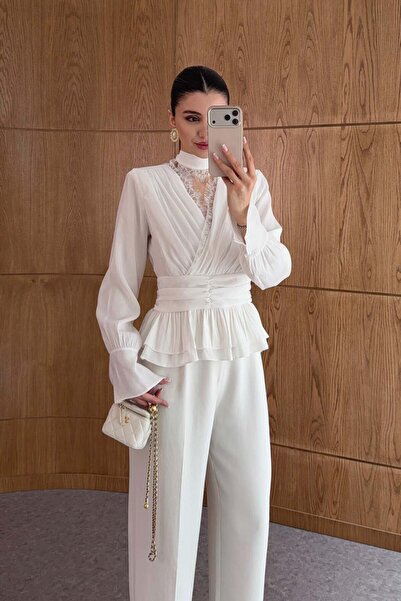 QİMYA BUTİK MİSS NEŞEM Γυναικεία μπλούζα με επένδυση, λαιμόκοψη V, δαντέλα, ζ...