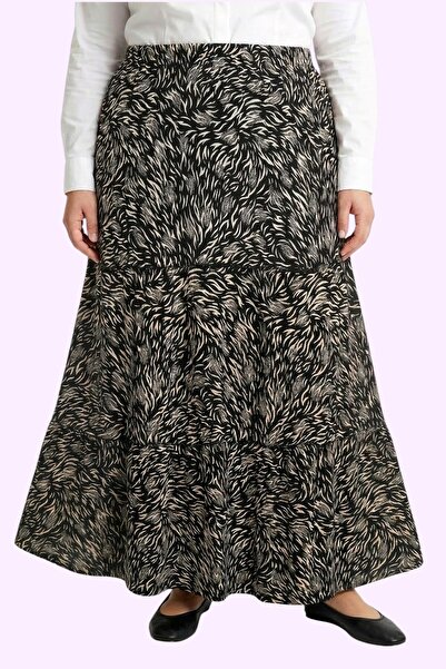 hadiora Women's Black Brown Abstract Patterned Layered Combed Cotton Skirt