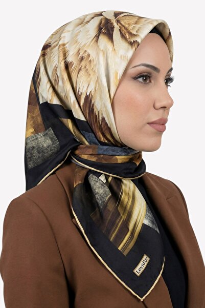 hadiora Women's Black Mustard Abstract Patterned Crystal Scarf