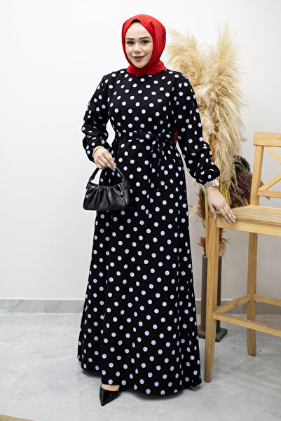 Tesettür Dünyası Φόρεμα με ζώνη στη μέση και πουά TSD260206 Μαύρο