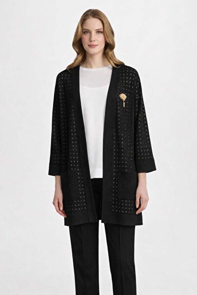 Mutlu Ertan Women's Perforated Patterned Knitwear Cardigan Black 20328