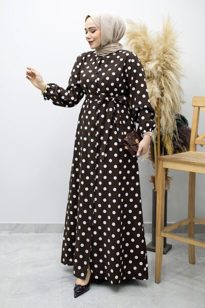 Tesettür Dünyası Φόρεμα πουά με κουμπιά σε όλο το μήκος TSD260205 Καφέ