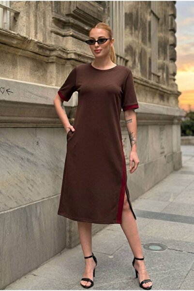 AYASOFYA OTANTIK Women's Brown Round Neck Red Striped Midi Dress with Side Sl...