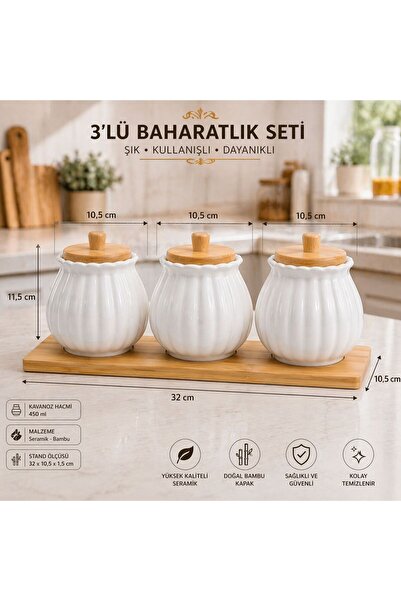 Molino 3'lü Bambu Stantlı Porselen Vakum Kapaklı Saklama Kavanozu Seti