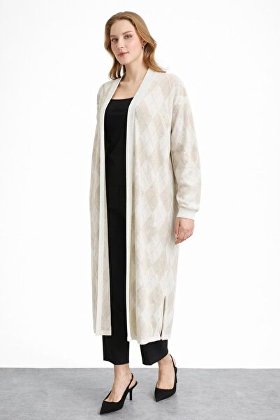 Mutlu Ertan Women's Long Glittery Diamond Cardigan Ecru 20325
