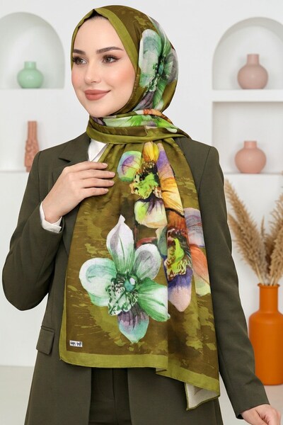 hadiora Kadın Zeytin Yeşili Orkide Desenli Soft Şal
