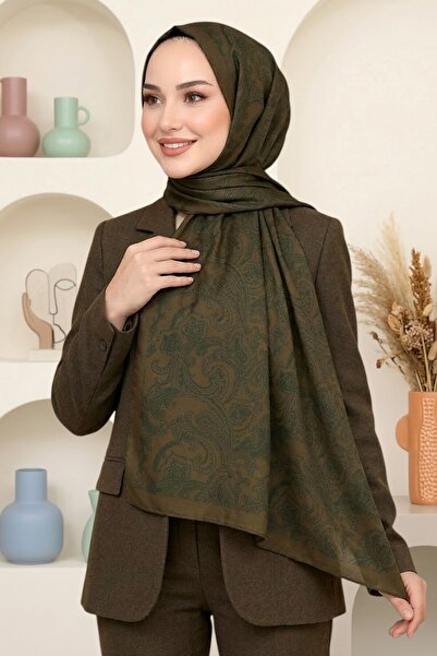 hadiora شال نسائي بني كاكي منقوش ناعم الملمس