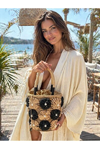 BALIENTE Γυναικεία Ψάθινη Τσάντα με Κεντημένο Μαργαριτάρι Καμήλας – 20x23 εκ.