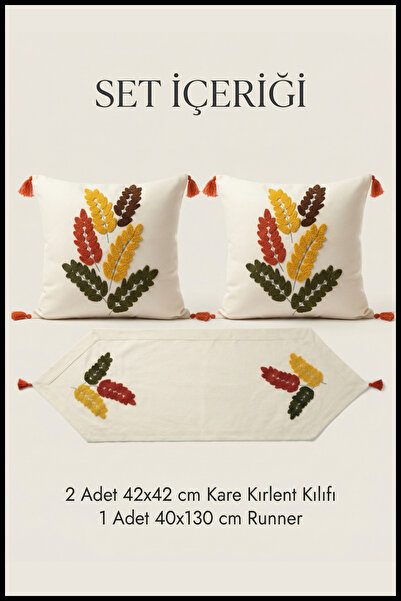 morlina home 2 Kare Kırlent 1 Runner Boho Punch Nakışlı Yaprak Desenli Kırlen...