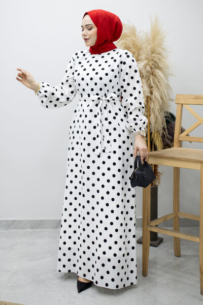 Tesettür Dünyası Φόρεμα πουά με ζώνη στη μέση TSD260206 Λευκό