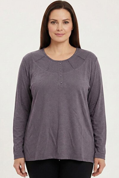 hadiora Women's Purple Collar Detailed Buttoned Combed Cotton Blouse