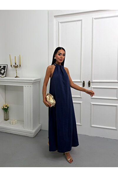 VESS MODA Φόρεμα Modal με λαιμόκοψη Halter και λεπτομέρεια αλυσίδας