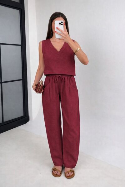 Get Crazy Γυναικείο λινό σετ με μπλούζα με λαιμόκοψη V και μανίκια μηδέν και ...
