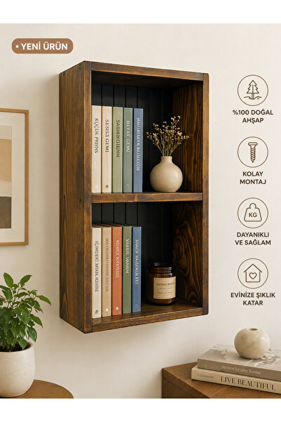Woodymoda Doğal Ahşap Duvar Rafı Kitaplık 60x40x14 cm – Dekoratif Masif Ahşap...