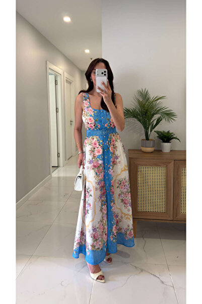 BİRCANÇİL Elwis Μπλε Ροζ Φλοράλ Φόρεμα με Λεπτομέρεια Ζώνης και Τιράντες