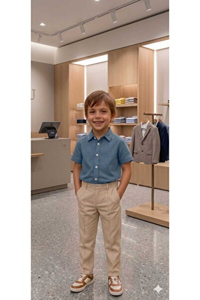 KAYAKİDS Boy's Holiday Shirt Suit Boy's Blue Shirt Cream Trousers Two-Piece S...
