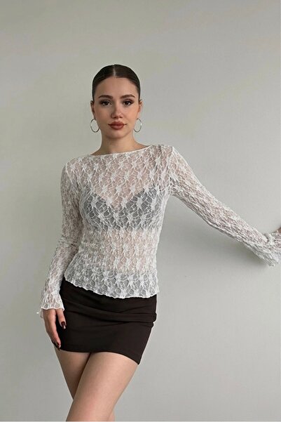 ModaYaren Kadın Kayık Yaka Dantelli Trompet Kol Bluz -3RTM-88105