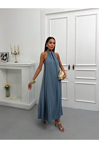 VESS MODA Φόρεμα Modal με λαιμόκοψη Halter και λεπτομέρεια αλυσίδας