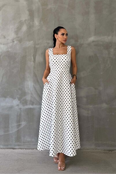 VESS MODA Μακρύ φόρεμα με λουράκια ώμου από λικρά με πουά σχέδιο