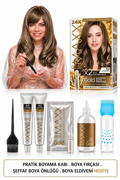 MAXX DELUXE Golden Beauty Set Saç Boyası 8.0 Açık Kumral 2 Adet + Fırça+Prati...