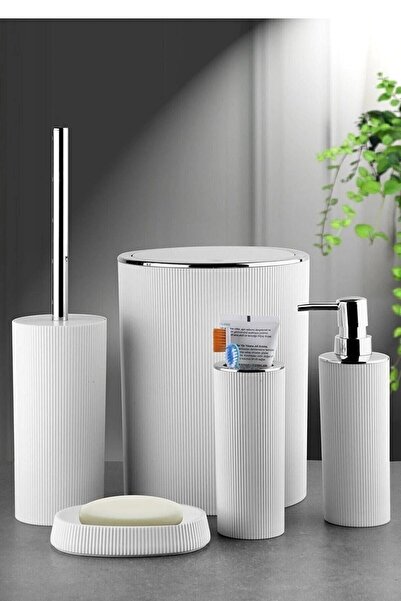 Empressco 5 Parça Çizgili Banyo Seti Çöp Kovası Sıvı Katı Sabunluk Diş Fırçal...