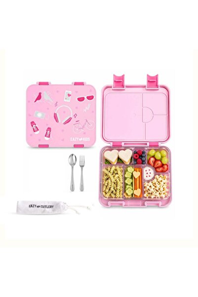 Eazy Kids 6 & 4 Convertible Bento Lunch Box w/Steel Spoon & Fork Set - Life Pink