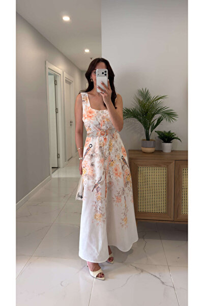 BİRCANÇİL Φόρεμα Dolwet Ecru με λουλουδάτο σχέδιο και λεπτομέρεια στη ζώνη