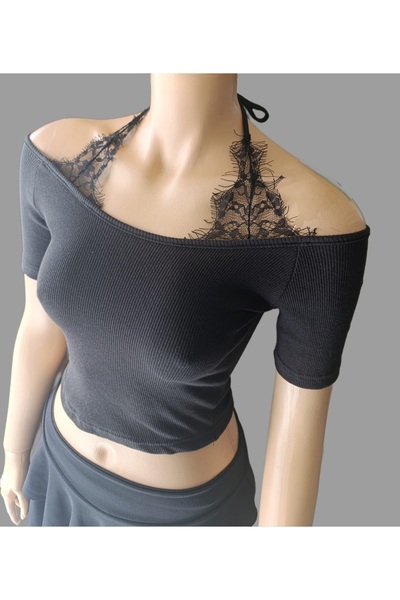 morche Γυναικεία μπλούζα με δαντέλα στο λαιμό, λεπτομέρειες από δαντέλα στο σ...