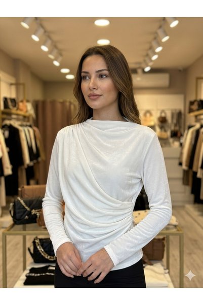 diğer588 Kadın Beyaz Kadife Görünümlü Drape Detaylı Bluz - Şık Üst