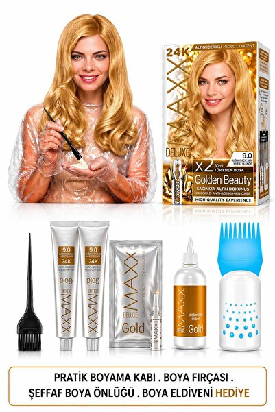 MAXX DELUXE Golden Beauty Set Saç Boyası 9.0 Buğday Sarısı 2Li + Fırça+Pratik...