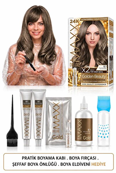 MAXX DELUXE Golden Beauty Set Saç Boyası 8.1 Küllü Açık Kumral 2 Li + Fırça+P...