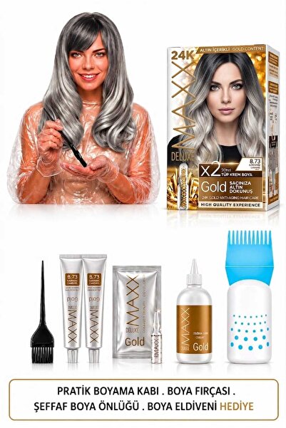 MAXX DELUXE Golden Beauty Set Saç Boyası 8.73 Karamel 2Li + Fırça+Pratik Boya...