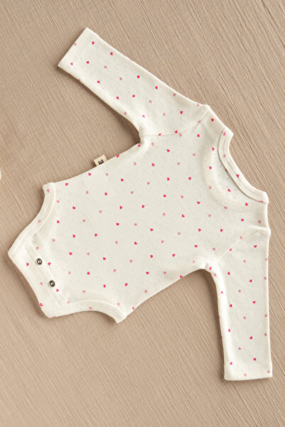 100% Cotton Pointel Long Sleeve Baby Bodysuit - Pink Heart