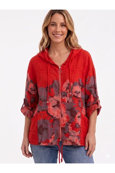 AYASOFYA OTANTIK Γυναικείο ιταλικό κόκκινο έθνικ φλοράλ μπουφάν με κουκούλα κ...