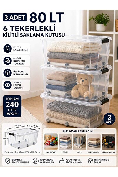 ZİVORA 3 Adet 80 LT 6 Tekerlekli Kilitli Saklama Kutusu Şeffaf Mega Boy Plast...