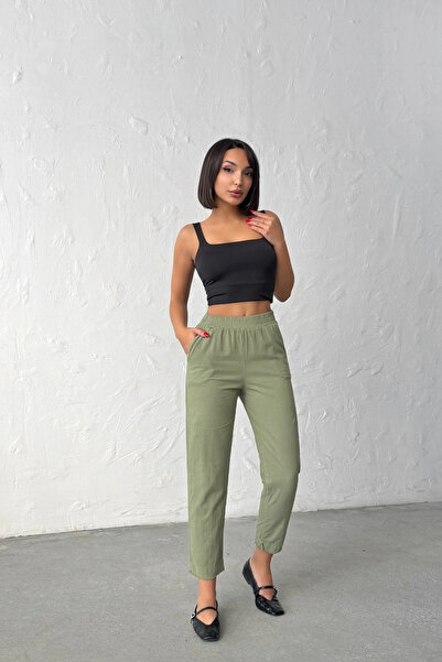 Lusin Γυναικείο Παντελόνι Χακί με Ελαστική Μέση, Κομμένο σε Σχήμα Καρότου, Μή...