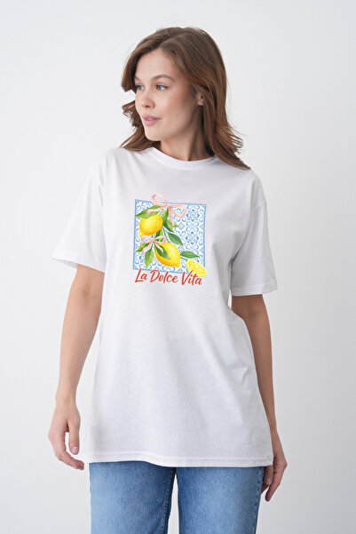 TREND EMMODA Tricou alb cu gât rotund, cu imprimeu cu lămâie, stil de vară pe...