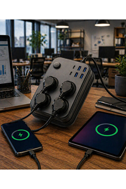 kialed Akım Korumalı 2 Metre Uzatma Kablosu 4lü Çoklu Priz USB Type-C Hızlı Ş...