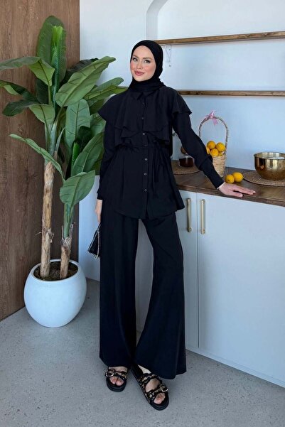 Şulemoda Giyim Σετ με βολάν στο λαιμό, μοντάλ, μαύρο