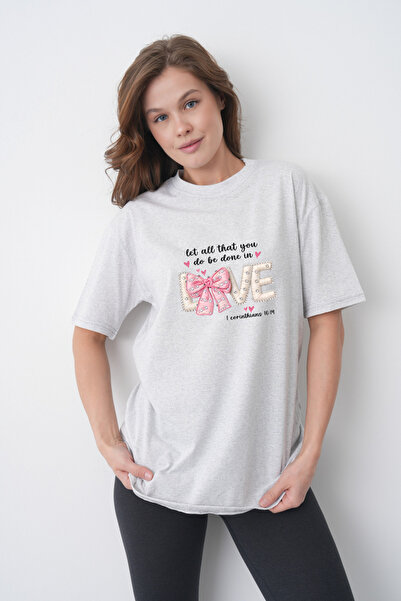 TREND EMMODA Tricou gri pentru femei, cu fundă roz, perle albe, estetic, cu i...