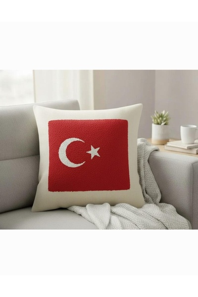 Türk Bayrağı Nakışlı Keten Yastık Kılıfı - 40x40 cm Ay Yıldız İşlemeli Dekoratif Kırlent Kılıfı