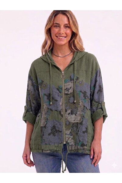 AYASOFYA OTANTIK Γυναικείο ιταλικό χακί έθνικ λουλουδάτο μπουφάν με κουκούλα ...