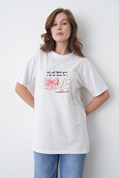 TREND EMMODA Tricou alb pentru femei, cu fundă roz, perle albe, estetic, cu i...
