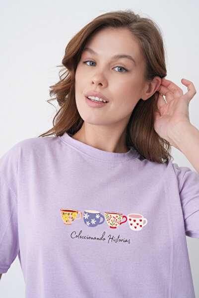 TREND EMMODA Tricou liliac cu decolteu rotund și imprimeu colorat pentru feme...