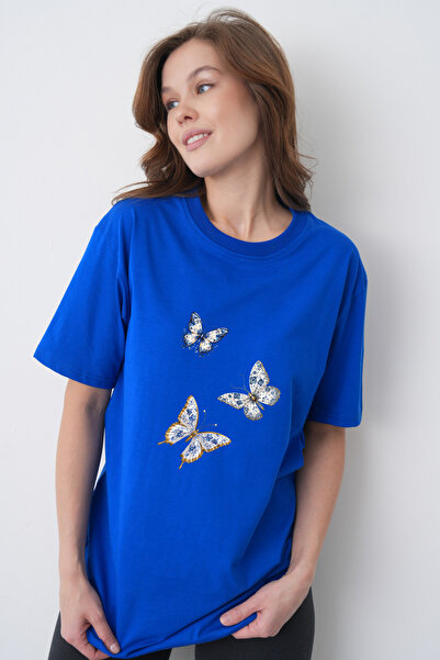 TREND EMMODA Tricou de damă, albastru Saks, cu decolteu rotund, cu imprimeu t...