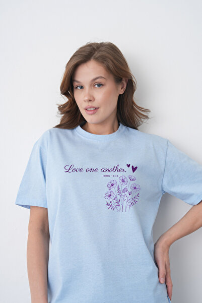 TREND EMMODA Tricou albastru cu decolteu rotund, cu imprimeu cu flori mov, cu...