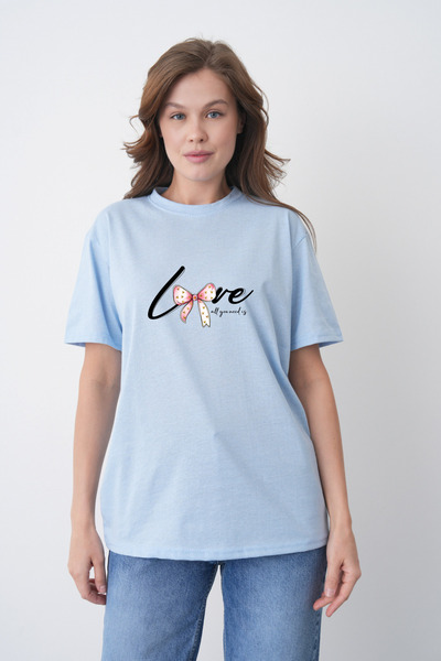 TREND EMMODA Tricou albastru cu decolteu rotund, cu imprimeu cu inimă și fund...