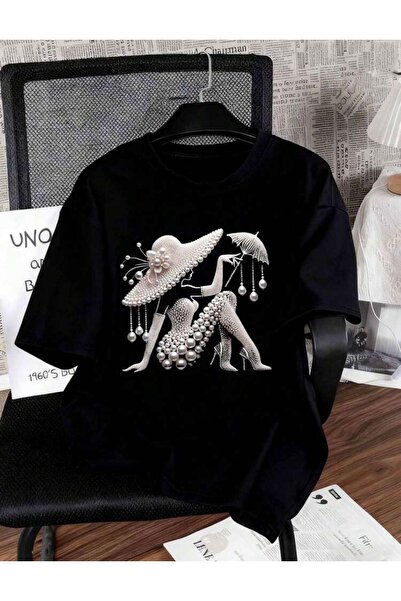 Oceanwear Pearl Women's Printed Design Women's Short Sleeve Black Tshirt
