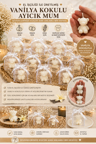 F&A Candle 20 ADET Kişiye Özel El Yapımı Ayıcık Mum – Vanilya Kokulu Nikah Ni...