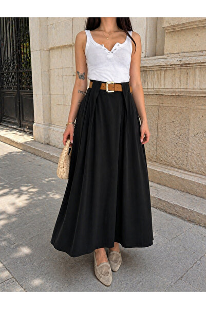 Gugus Women's Long Belt Detailed Pleated 100cm Length Trendy Skirt